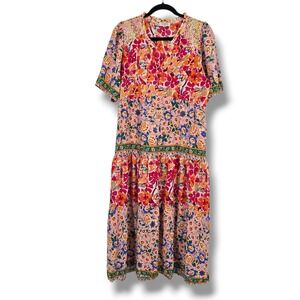 Umgee Pink Orange Floral Tiered Midi Dress Smocked V-Neck Women's Size Medium